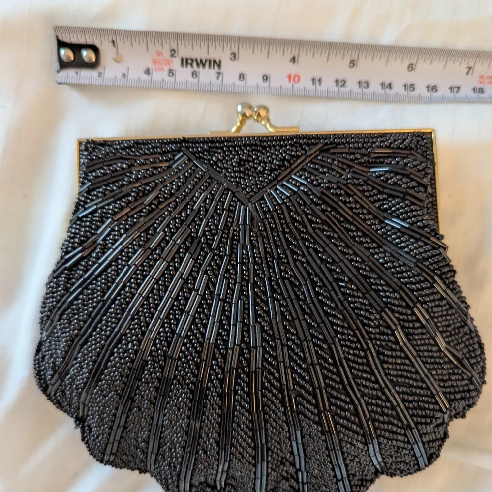 Black Art Deco Beaded Clutch with Wristlet - Picture 4 of 4